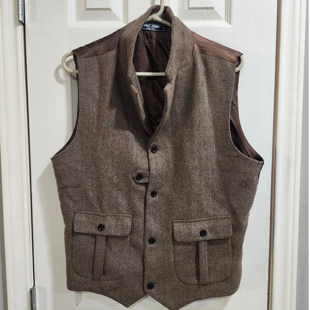 Paul Jones Mens Herringbone Tweed Vest Brown Wool Blend Waistcoat Size M
